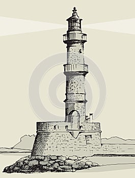 Lighthouse in Chania, Crete, hand drawn