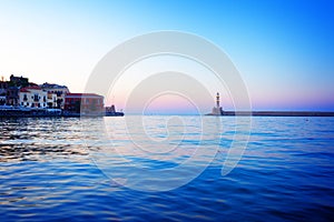 Lighthouse of Chania at pink sunset, Crete