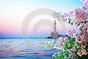 lighthouse of Chania at pink sunset, Crete