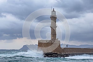 Lighthouse of Chania on a stormy day in Crete, Greece