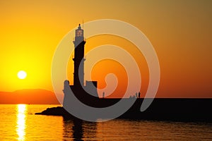 Lighthouse of Chania at ummer sunset , Crete , Greece