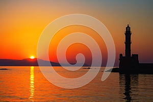 Lighthouse of Chania at ummer sunset , Crete , Greece