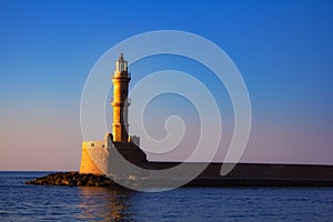 Lighthouse of Chania at ummer sunset , Crete , Greece