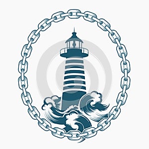 Lighthouse in Circle of Chains Engraving Vector Emblem