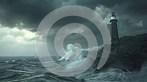 Lighthouse on cliff above ocean under cloudy sky, windy day with waves AIG50