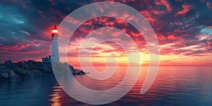 Lighthouse on cliff during dramatic red sunset.