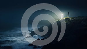 Lighthouse on a cliff edge in stormy and misty weather. Night landscape. Generative AI