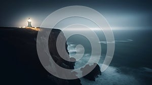 Lighthouse on a cliff edge in stormy and misty weather. Night landscape. Generative AI