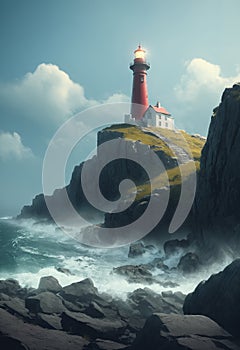 Lighthouse on a cliff in the middle of the ocean.