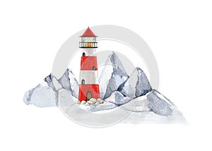 Lighthouse on the cliff. Watercolor illustration. Hand drawn red striped beacon on the cliff range. Bright lighthouse