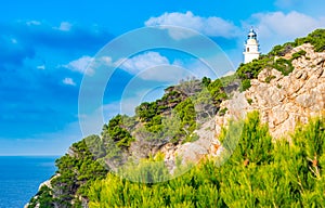 Lighthouse at cliffs rocks on Majorca island, Spain