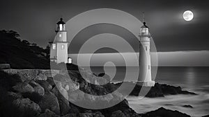 lighthouse on the coast black and white photo of Romantic lighthouse near Atlantic seaboard shining at night