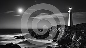 lighthouse on the coast black and white photo of Romantic lighthouse near Atlantic seaboard shining at night