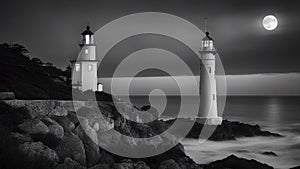 lighthouse on the coast black and white photo of Romantic lighthouse near Atlantic seaboard shining at night photo
