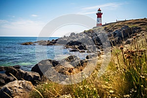 lighthouse at the coast with clear blue skies