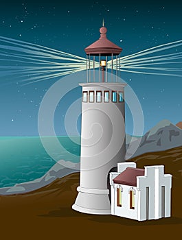 Lighthouse on the coast. Light beacon in the night. Starry Sky. Landmark. Seacoast. Vector.