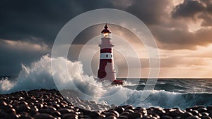 lighthouse on the coast A lighthouse in a stormy landscape,
