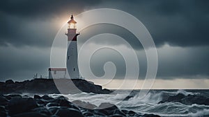 lighthouse on the coast A lighthouse in a stormy landscape,