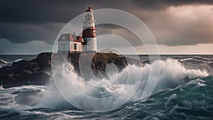 lighthouse on the coast A lighthouse in a stormy landscape,