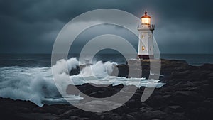 lighthouse on the coast A lighthouse in a stormy landscape,