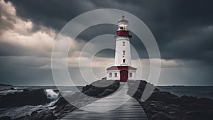 lighthouse on the coast Lighthouse In Stormy Landscape - Leader And Vision Concept