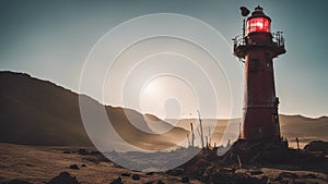 lighthouse on the coast A scary red light lighthouse in a post apocalyptic wasteland, with radioactive dust,