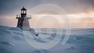 lighthouse on the coast of the sea A lighthouse in a frozen wasteland, where a deadly blizzard is raging.