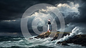A lighthouse on a coast, in a stormy landscape with lightning illuminating. photo