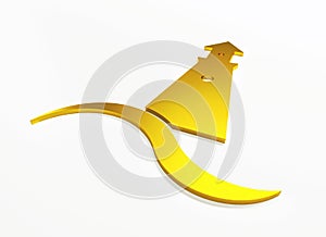 Lighthouse 3D gold graphic logo illustration with ocean sea beach wave clip art background