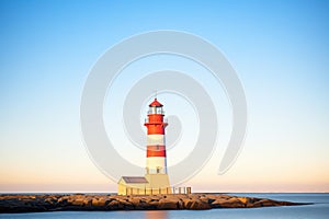 lighthouse at dawn with clear blue skies