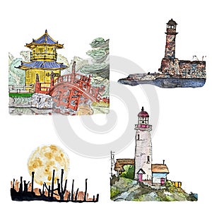 Lighthouse desert china temple hand drawn isolated