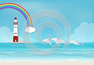 Lighthouse with Dolphin in the sea and rainbow background