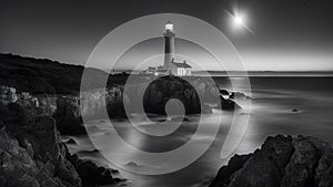 lighthouse at dusk black and white photo of Romantic lighthouse near Atlantic seaboard shining at night