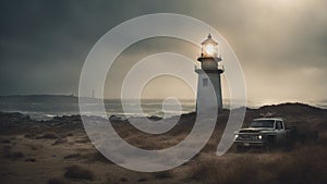 lighthouse at dusk A lighthouse in a post apocalyptic wasteland, where the water is polluted and the land is barren.