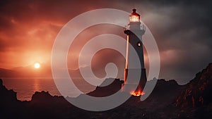 lighthouse at dusk A scary lighthouse in a hellish volcano, with lava, rocks, under it