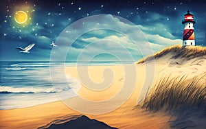 Lighthouse on the edge of a sandy beach. Generative Al Illustration