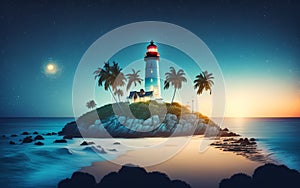 Lighthouse on the edge of a sandy beach. Generative Al Illustration