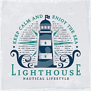 Lighthouse emblem. Vector nautical banner with grunge background.