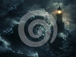 Lighthouse Enduring Storm with Powerful Waves