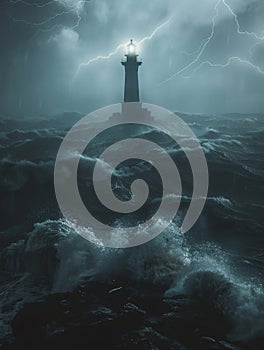 Lighthouse Enduring Storm with Powerful Waves