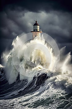 lighthouse enduring tumultuous waves under a stormy sky, symbolizing resilience and dramatic intensity, ai generative