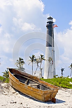 Lighthouse, flag and boat