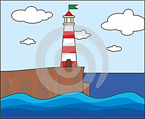 Lighthouse with a flag on a rock, waves on the sea, clouds