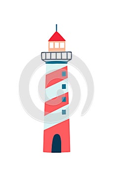 Lighthouse flat vector illustration. Cartoon navigational aid tower isolated on white background. Striped red, white and