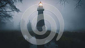 lighthouse in fog A lighthouse in a haunted swamp, where ghostly figures and eerie sounds lurk in the fog