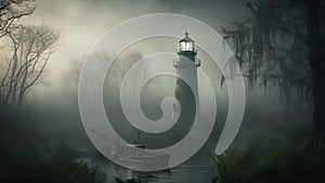 lighthouse in fog A scary lighthouse in a haunted swamp, with mist, vines,