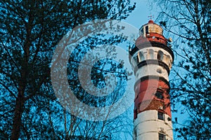 Lighthouse in the forest between the trees. red and white lighthouse
