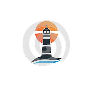 lighthouse in front of sunset vector logo design