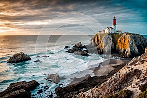 Lighthouse on a grassy cliff with a sunset sky and a blue ocean