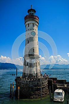 Lighthouse at the harbor entrance in Lindau at Lake Constance Bavaria Germany